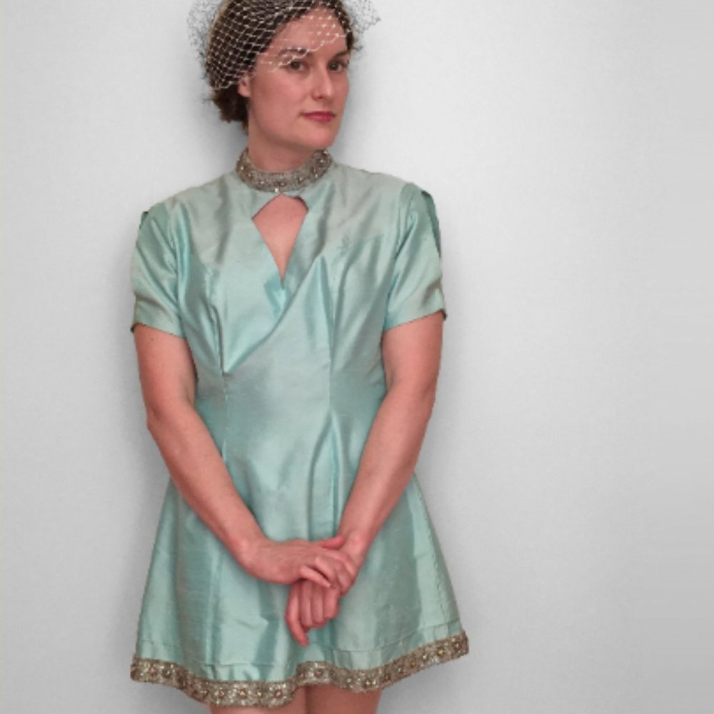 60s Vintage MOD Scooter Dress with Rhinestone Trim in Wintergreen Silk